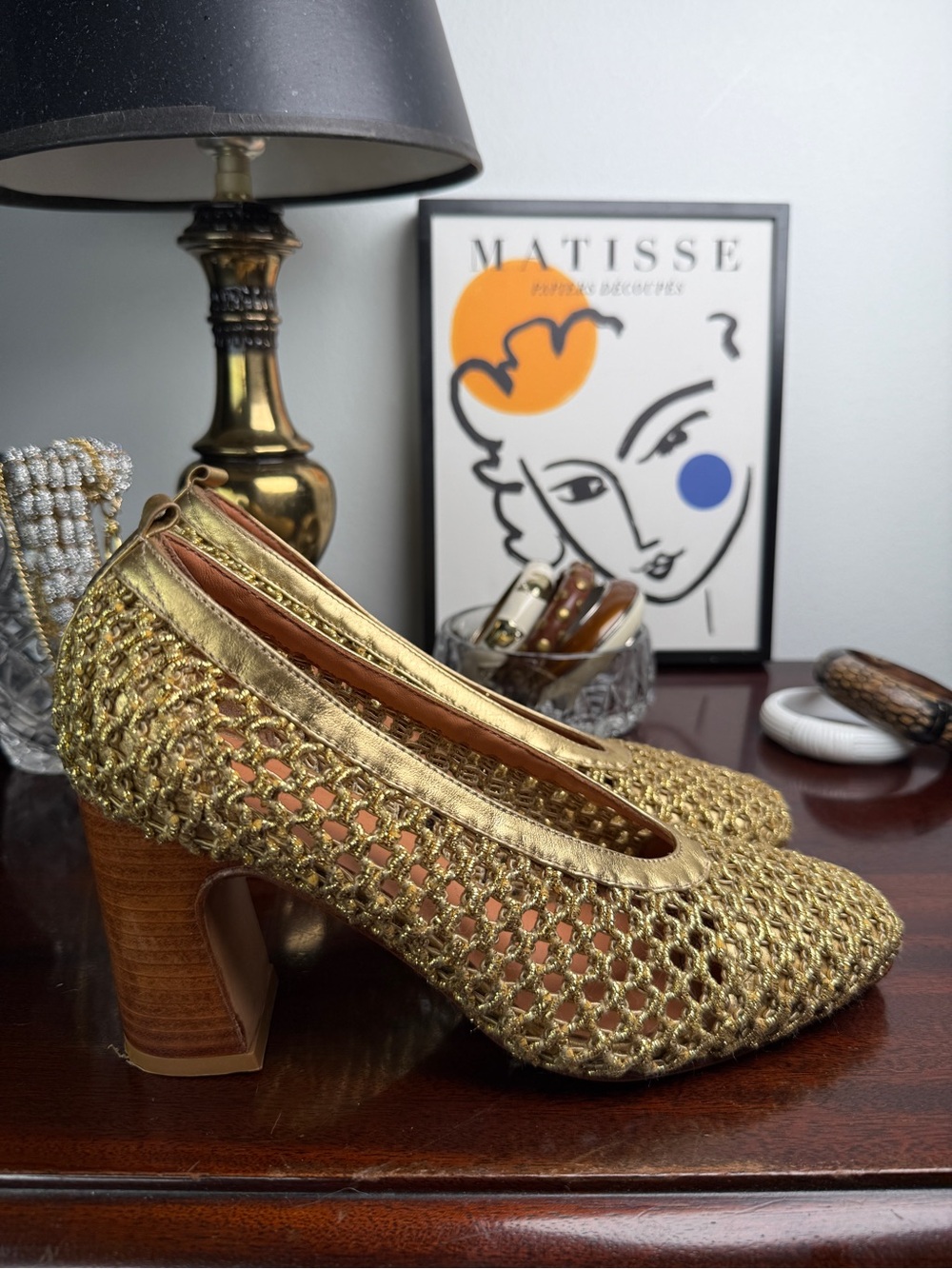 Rachel Comey Gold Woven Block Heel Pumps